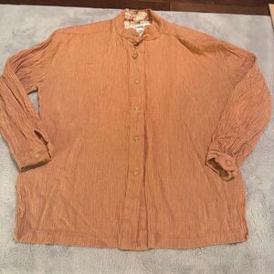VTG Carlo Moda orange stripe button down shirt womens M crinkle mandarin collar